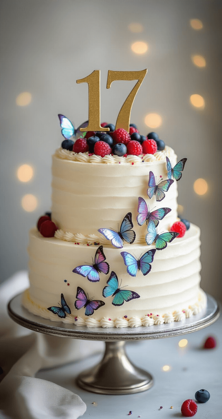 A two-layer birthday cake with white buttercream frosting and iridescent edible butterflies, topped with a metallic gold '17' cake topper and surrounded by fresh berries and sprinkles, displayed on a silver cake stand.