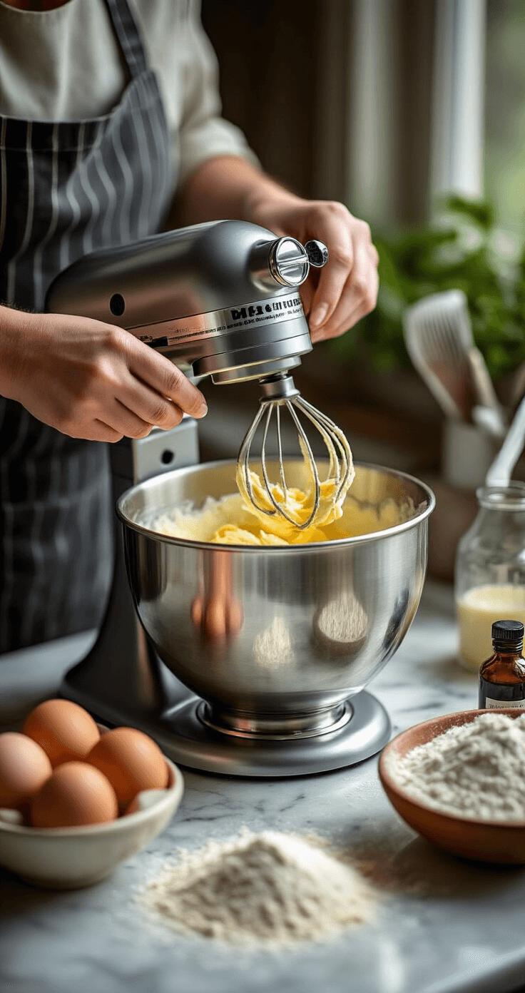 Close-up of hands creaming butter and sugar in a stainless steel stand mixer, with natural light pouring in, surrounded by fresh ingredients like eggs, vanilla extract, and flour on a marble countertop.
