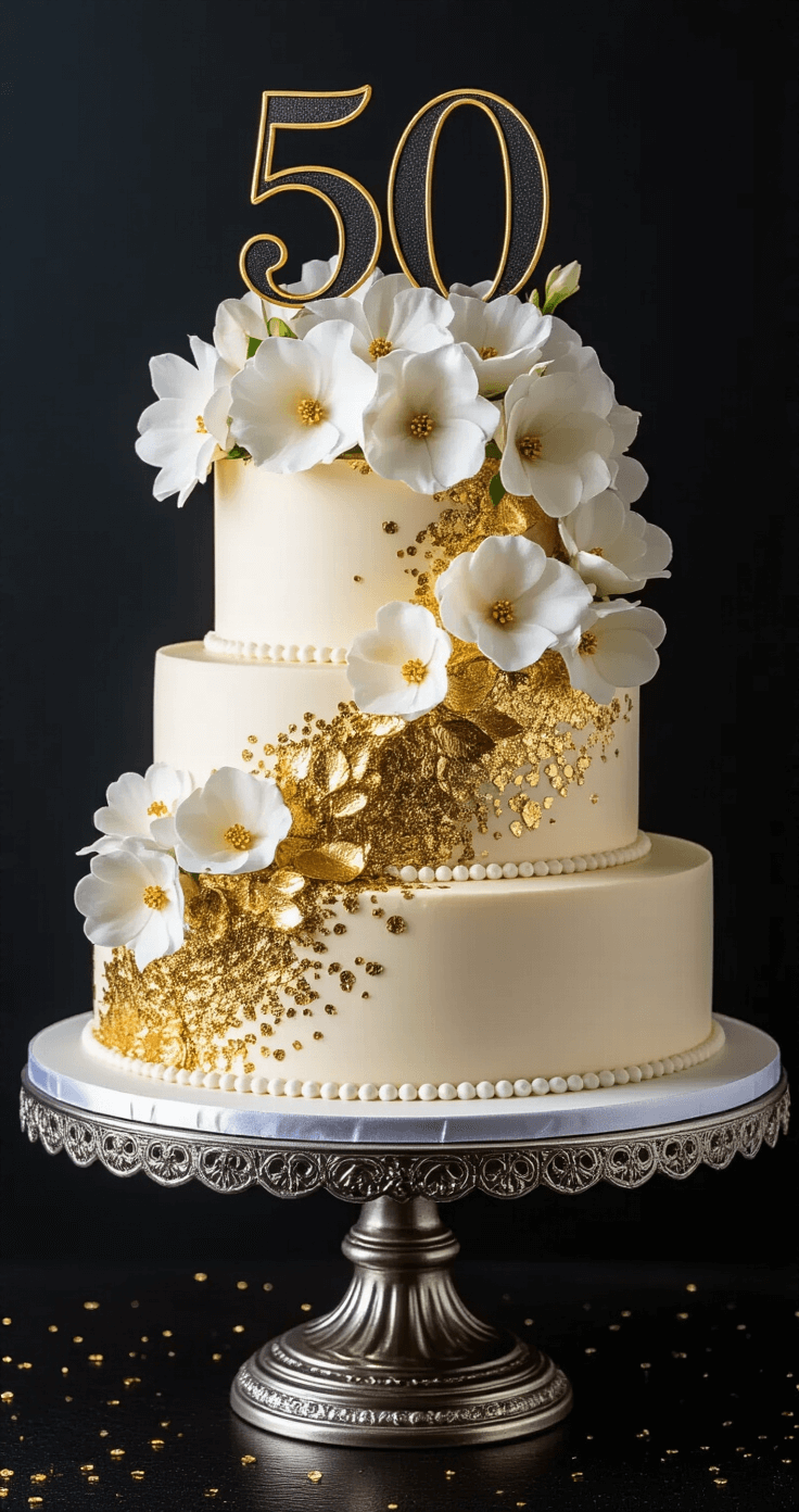 Three-tiered 50th celebration cake on a silver stand, adorned with gold leaf, white flowers, and black fondant '50' topper, featuring a gradient of metallic gold sprinkles and pearl accents.