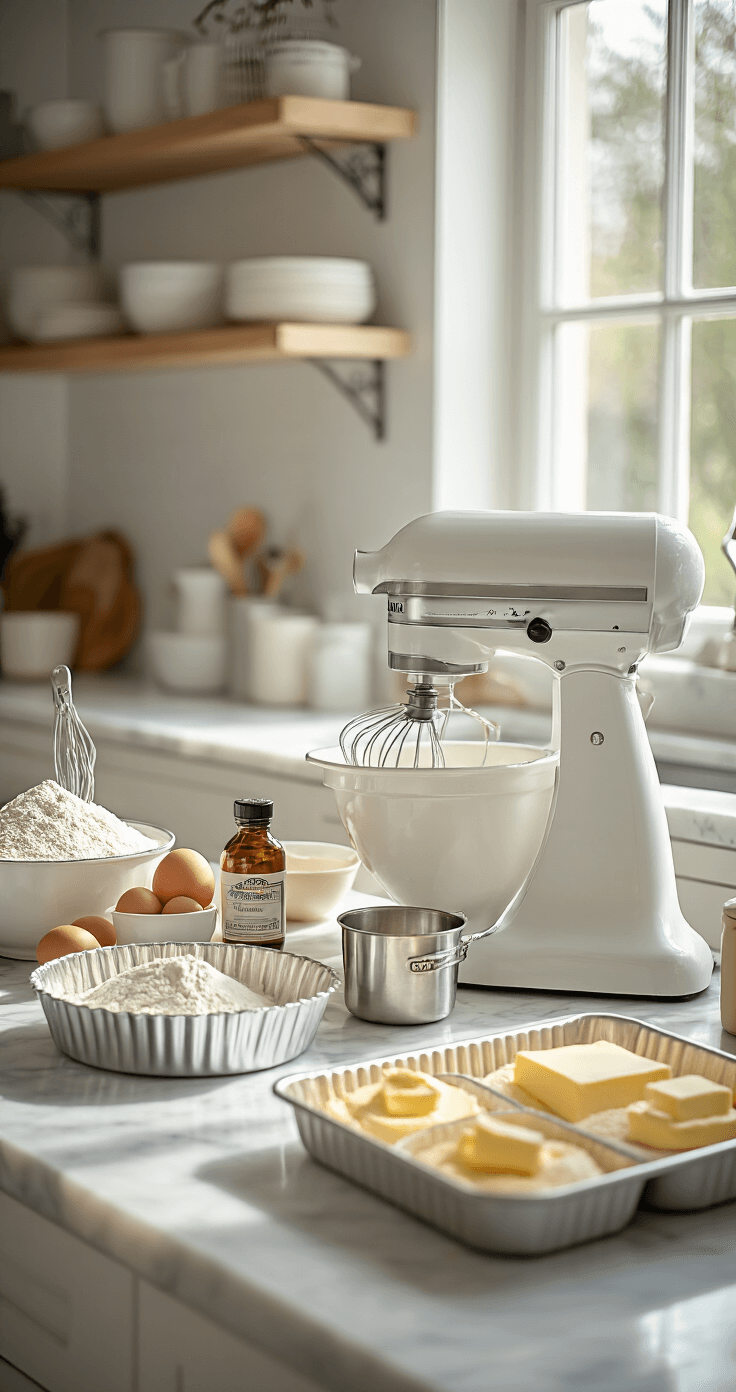 A sunlit modern kitchen features marble countertops with organized baking ingredients, including flour, eggs, vanilla extract, and butter, alongside an electric mixer and lined cake pans, all bathed in natural light.