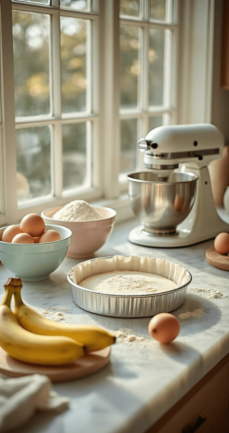 Bright, airy kitchen with natural sunlight, featuring a marble countertop arranged with baking ingredients like bananas, eggs, and flour, a lined cake pan, pastel mixing bowls, and a vintage mixer, all set in a soft focus background.