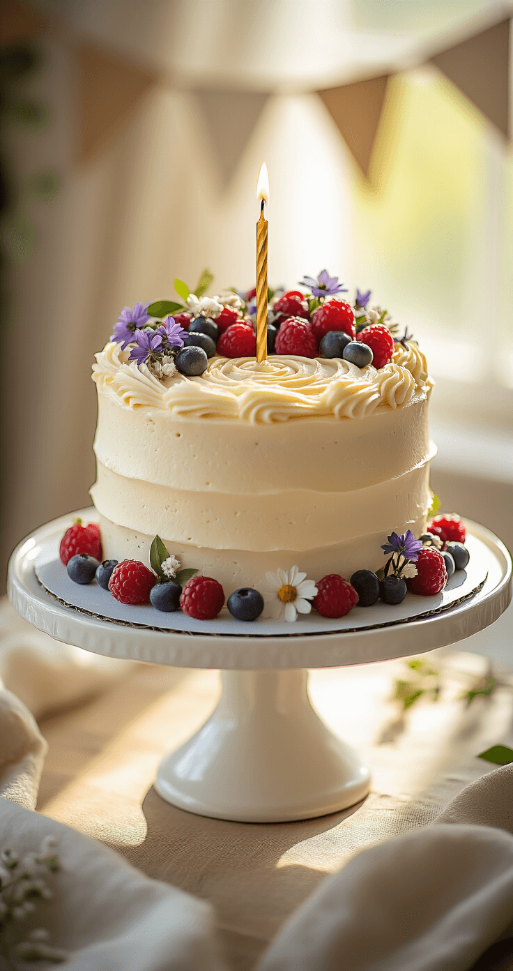 Close-up of a rustic-style smash cake on a white stand, featuring natural frosting with swirl patterns, decorated with edible flowers and fresh berries, topped with a golden birthday candle, illuminated by warm afternoon light against a blurred vintage bunting background.
