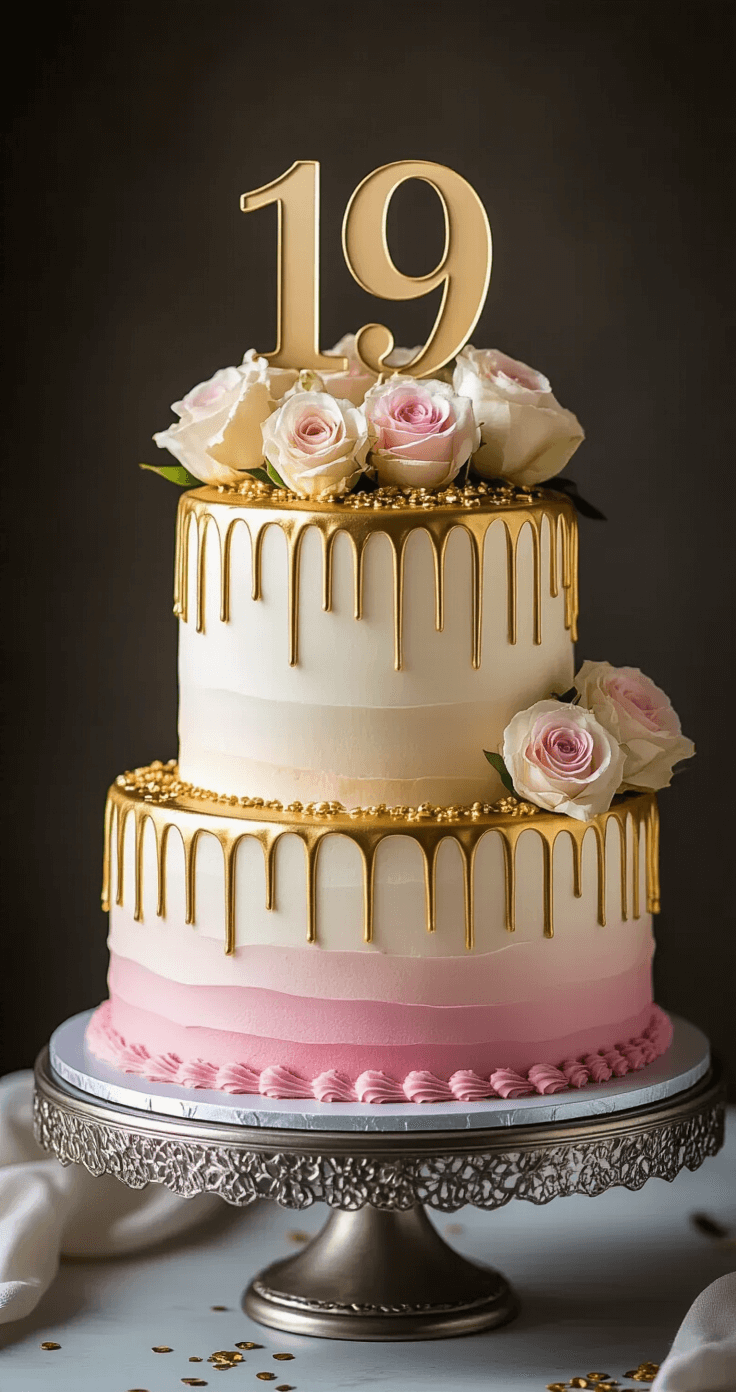 Close-up of a stunning two-tier 19th birthday cake with ombre pink to white buttercream frosting, gold drip details, a metallic '19' topper, and fresh roses on an ornate silver stand, all illuminated by soft studio lighting.