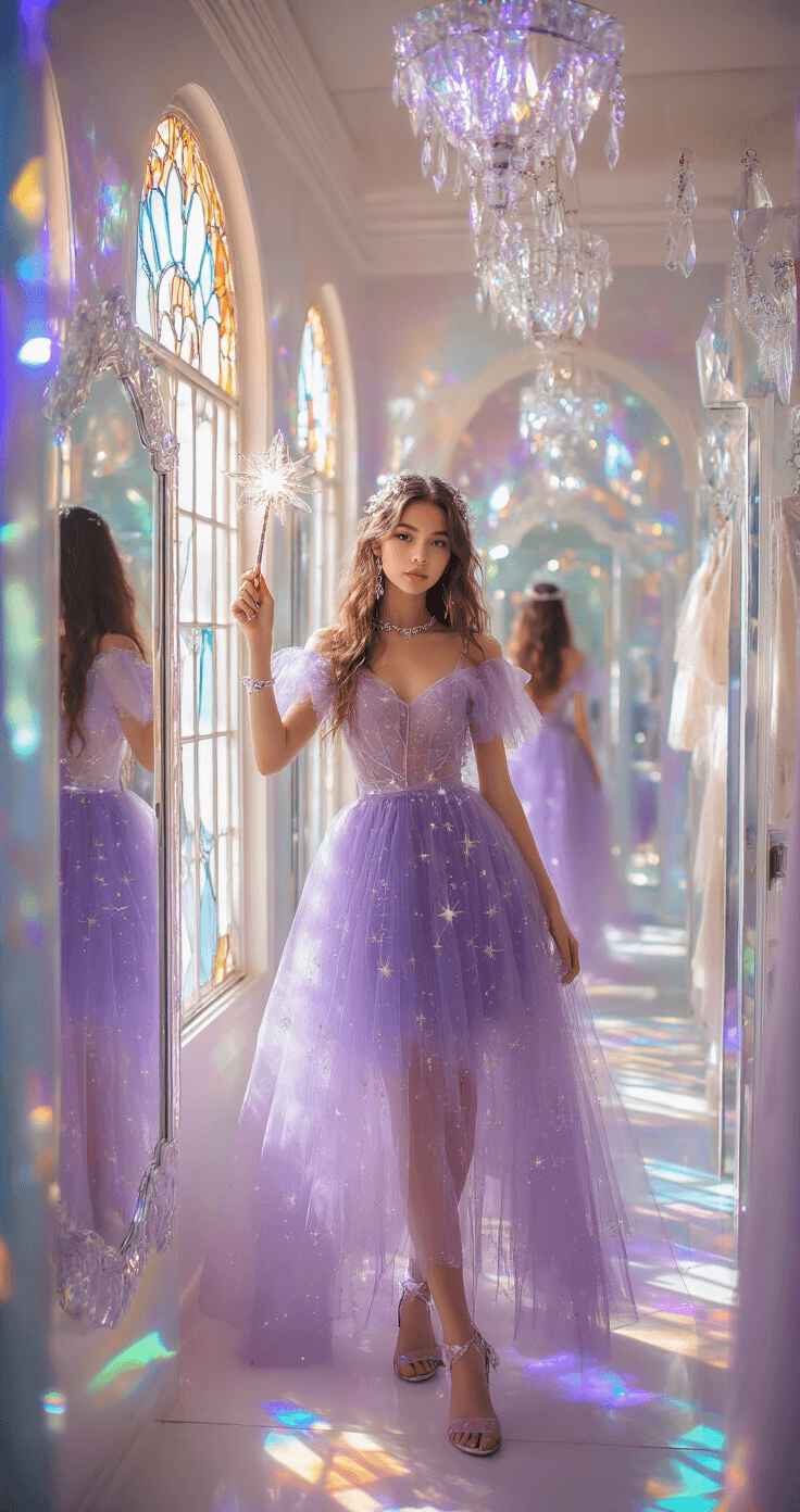 A young fashion blogger poses in a sunlit, crystal-filled dressing room, wearing a lavender tulle dress adorned with constellation patterns, alongside a glowing wand accessory, with floating mirrors and iridescent walls in the background, and soft light creating prismatic effects through stained glass windows.