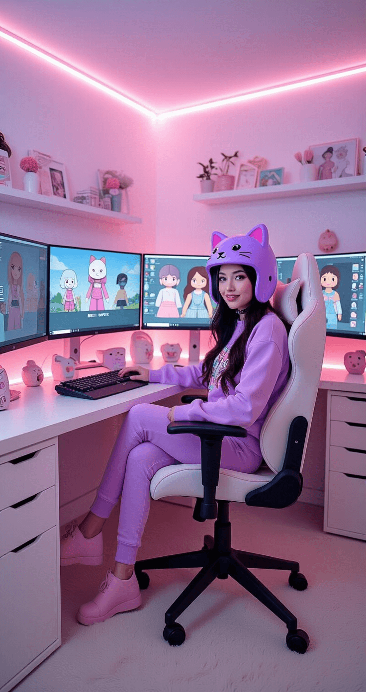 A cozy pink and white gaming room featuring a fashion influencer in a purple cat helmet and pastel outfit, seated in a designer gaming chair. Multiple monitors showcase Roblox fashion designs in a clean, minimalist desk setup adorned with cute accessories, all illuminated by LED accent lighting during blue hour, with ring light highlights.