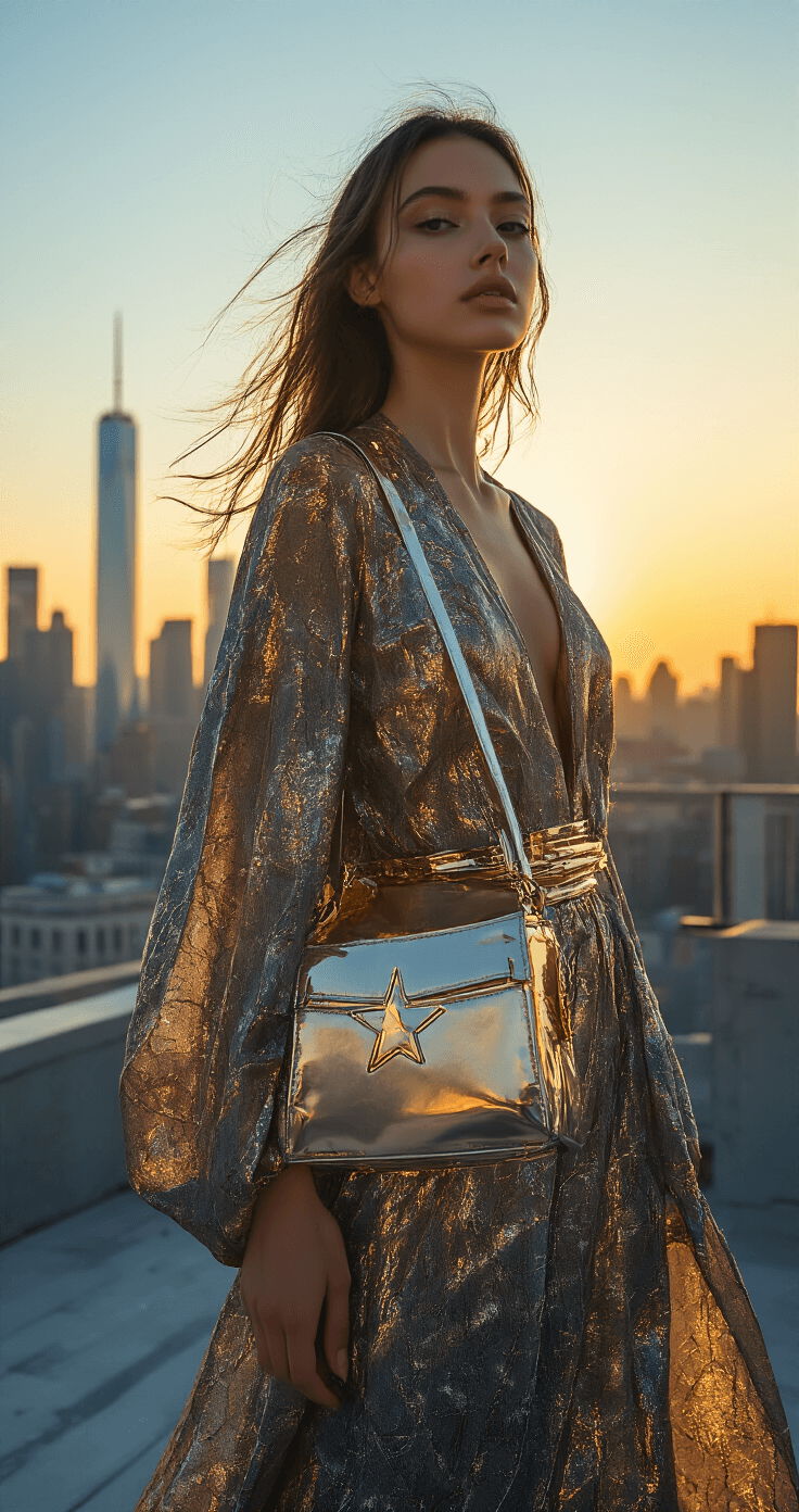 Model showcasing avant-garde street style on an urban rooftop at golden hour, wearing a star bag and metallic-accented outfit. The flowing fabrics capture movement against a city skyline, framed by modern architecture, with natural backlight enhancing the scene.
