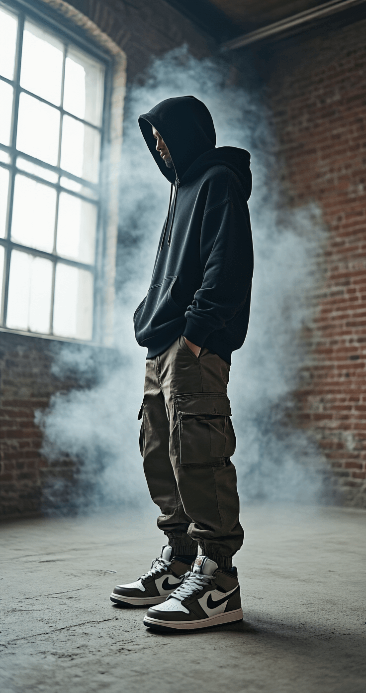 A model wearing an oversized hoodie, cargo pants, and limited edition sneakers poses in an industrial loft with exposed brick and large windows, highlighted by dramatic side lighting and smoke effects. Shot in an editorial style with a Canon R5 camera.