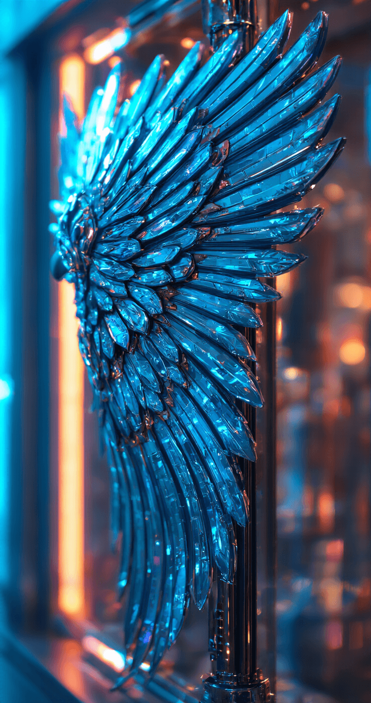 Close-up of cyber-punk wings and futuristic accessories in a modern tech-inspired space, showcasing holographic displays and metallic surfaces. The scene is illuminated with cool blue lighting and neon accents, captured with a macro lens to highlight intricate details.