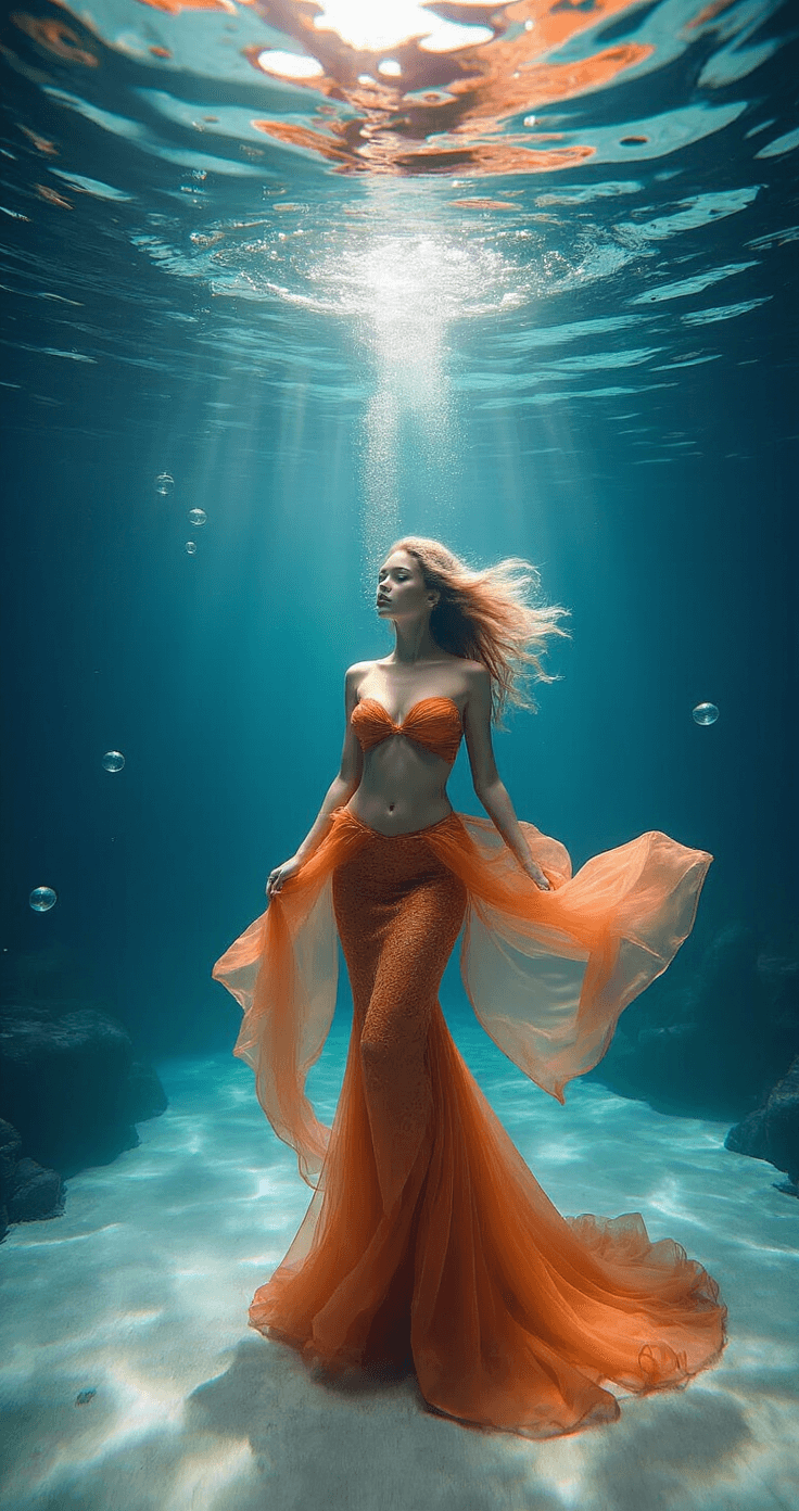 A model wearing an orange mermaid costume poses gracefully underwater amidst flowing fabrics and floating elements, illuminated by magical caustic lighting, captured in a wide-angle shot.