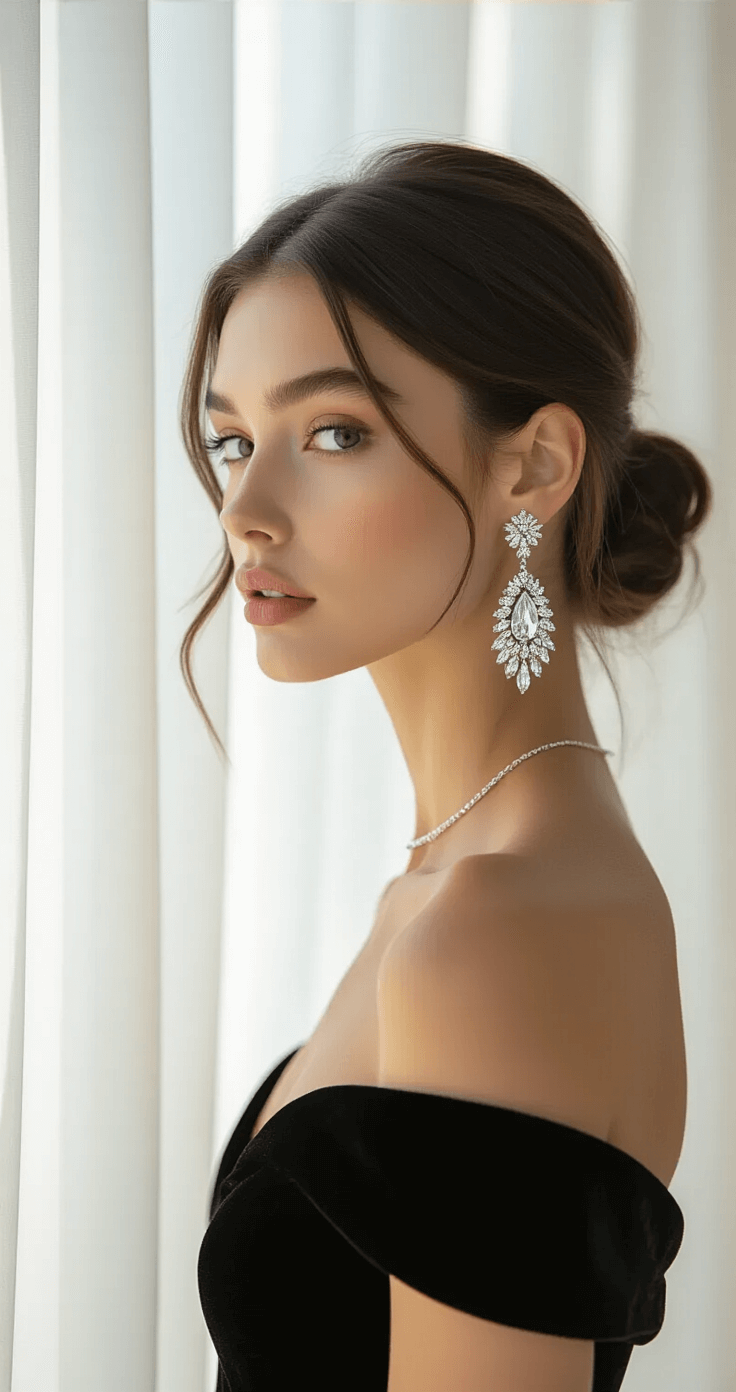 Close-up of a model in an elegant white studio, wearing statement crystal drop earrings and a black velvet off-shoulder gown, with her hair styled in a chignon, capturing afternoon light through sheer curtains.