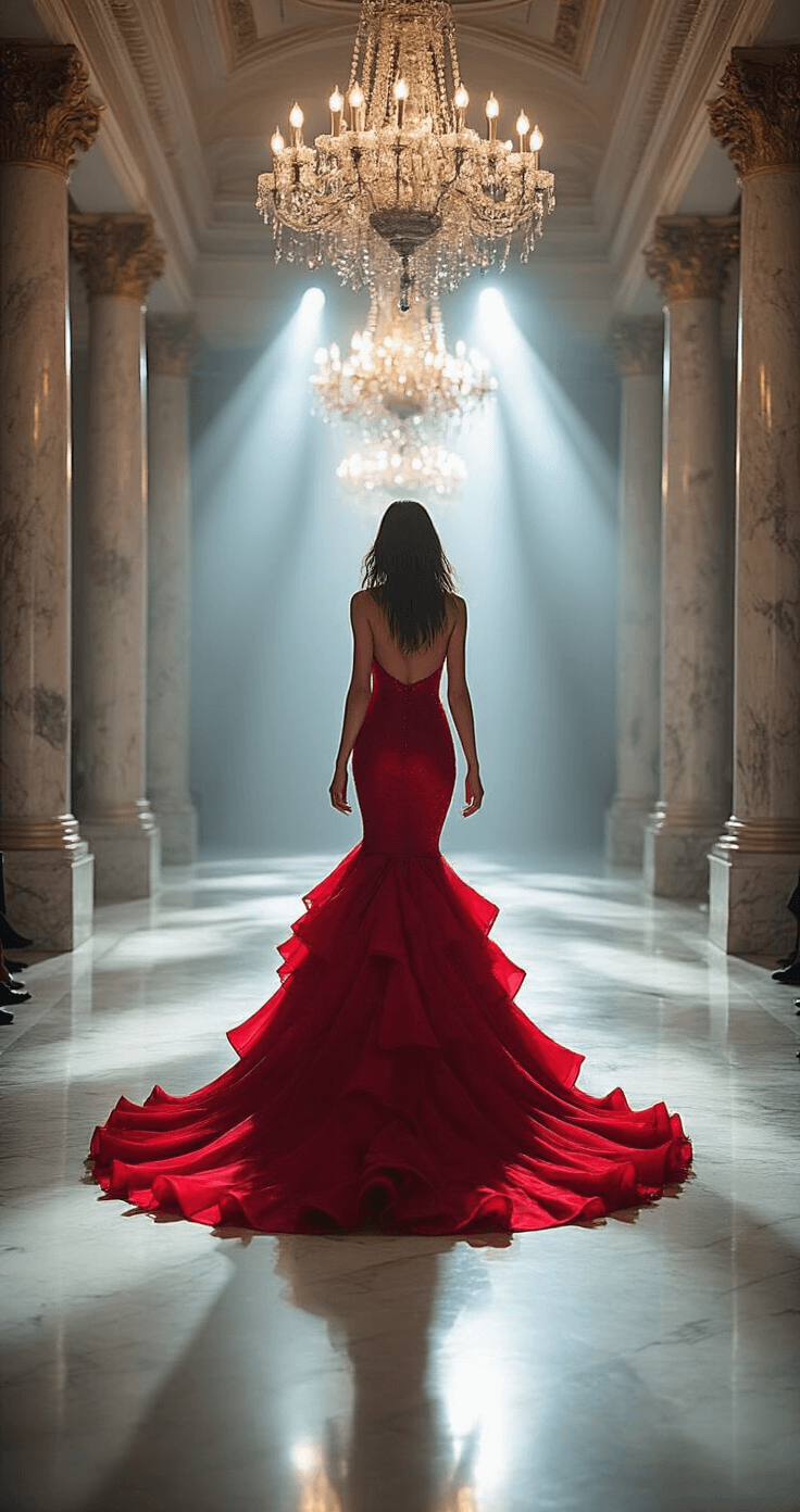Model practicing a runway walk in a ruby red mermaid gown with cascading ruffles in a grand ballroom adorned with crystal chandeliers and marble columns, illuminated by professional spot lighting that casts dramatic shadows, while multiple mirrors reflect various angles of her movement, captured in continuous burst mode with a 70-200mm zoom lens.