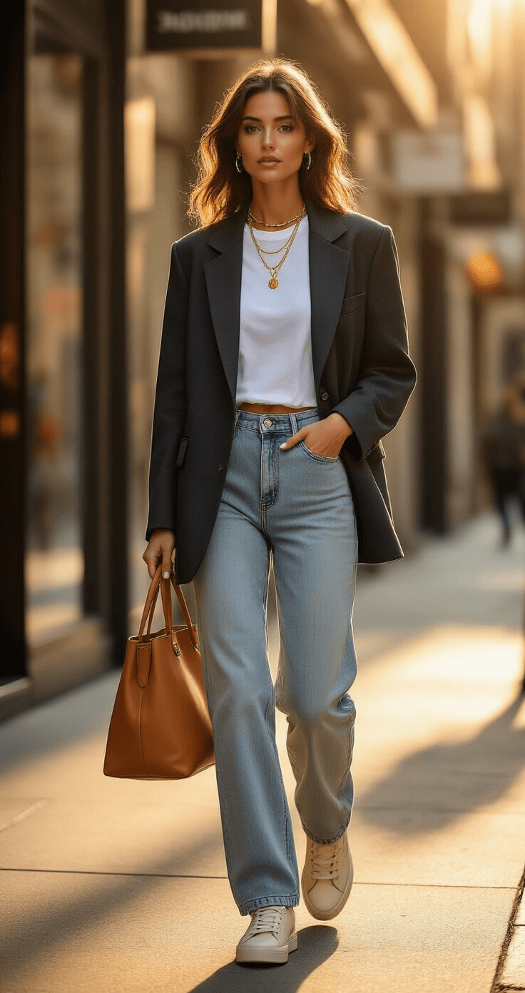A stylish woman in an oversized charcoal blazer and light wash straight-leg jeans walks confidently past modern storefronts in golden hour light, her gold necklaces sparkling and cognac brown tote swinging by her side. The photo captures the long shadows and warm textures with a shallow depth of field.