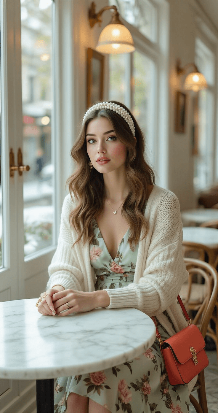 A bright bistro interior featuring white marble tables and brass accents, with natural light illuminating a fashionable brunch scene. The subject wears a vintage-inspired floral silk dress in sage green and dusty rose, paired with an ivory cable-knit cardigan and a coral leather crossbody bag. Loose waves are accented by a pearl-embellished velvet headband, and delicate gold jewelry adds a finishing touch. Soft bokeh creates a dreamy background.