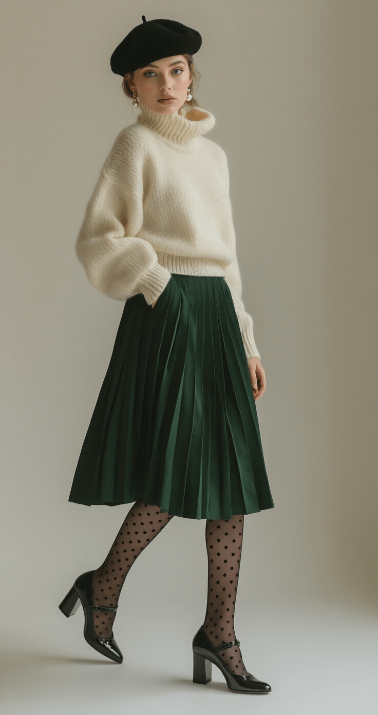 A minimalist studio setting featuring a cream cashmere sweater set and a deep forest green knife-pleated midi skirt, complemented by sheer black polka dot tights and patent leather Mary Janes. A tilted black wool beret and pearl drop earrings add sophistication, with soft diffused lighting highlighting the textures.