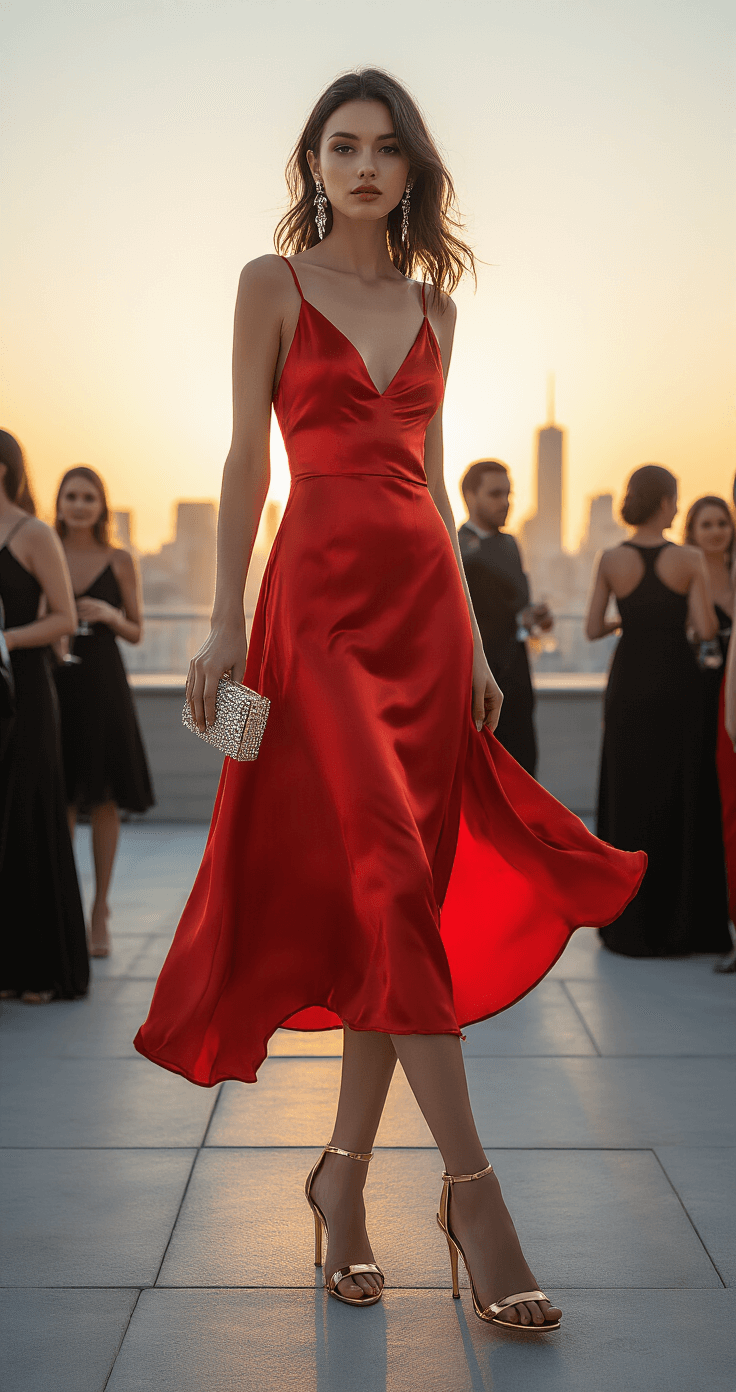 A confident model in a striking red silk midi dress stands on a rooftop terrace at sunset, contrasting with elegantly dressed guests in black cocktail attire against a city skyline. Her gold stiletto sandals glisten in the warm light, complemented by a sparkling crystal-embellished clutch and swaying statement earrings, all captured in dramatic lighting from a slightly low angle.