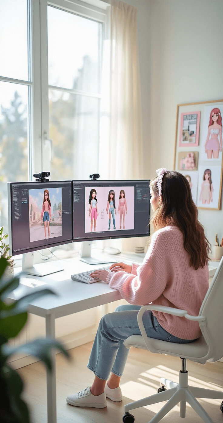 A young female content creator films a Roblox fashion tutorial in a sunlit studio with floor-to-ceiling windows, sitting at a modern white desk with dual monitors displaying fashion designs. She's dressed in a pastel pink oversized sweater and high-waist mom jeans, surrounded by a professional camera, ring light, and an organized inspiration board, all illuminated by soft morning light.