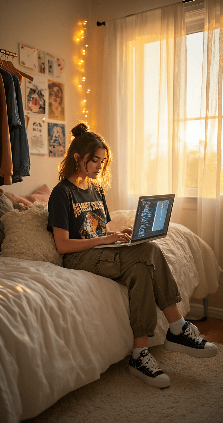 Cozy bedroom corner with golden hour light, showcasing a fashion-forward teen in a vintage band tee and cargo pants, working on layered virtual designs on her laptop. The scene includes a Pinterest wall, fairy lights, and a clothing rack with Y2K-inspired pieces, all illuminated by warm sunset lighting streaming through sheer curtains.