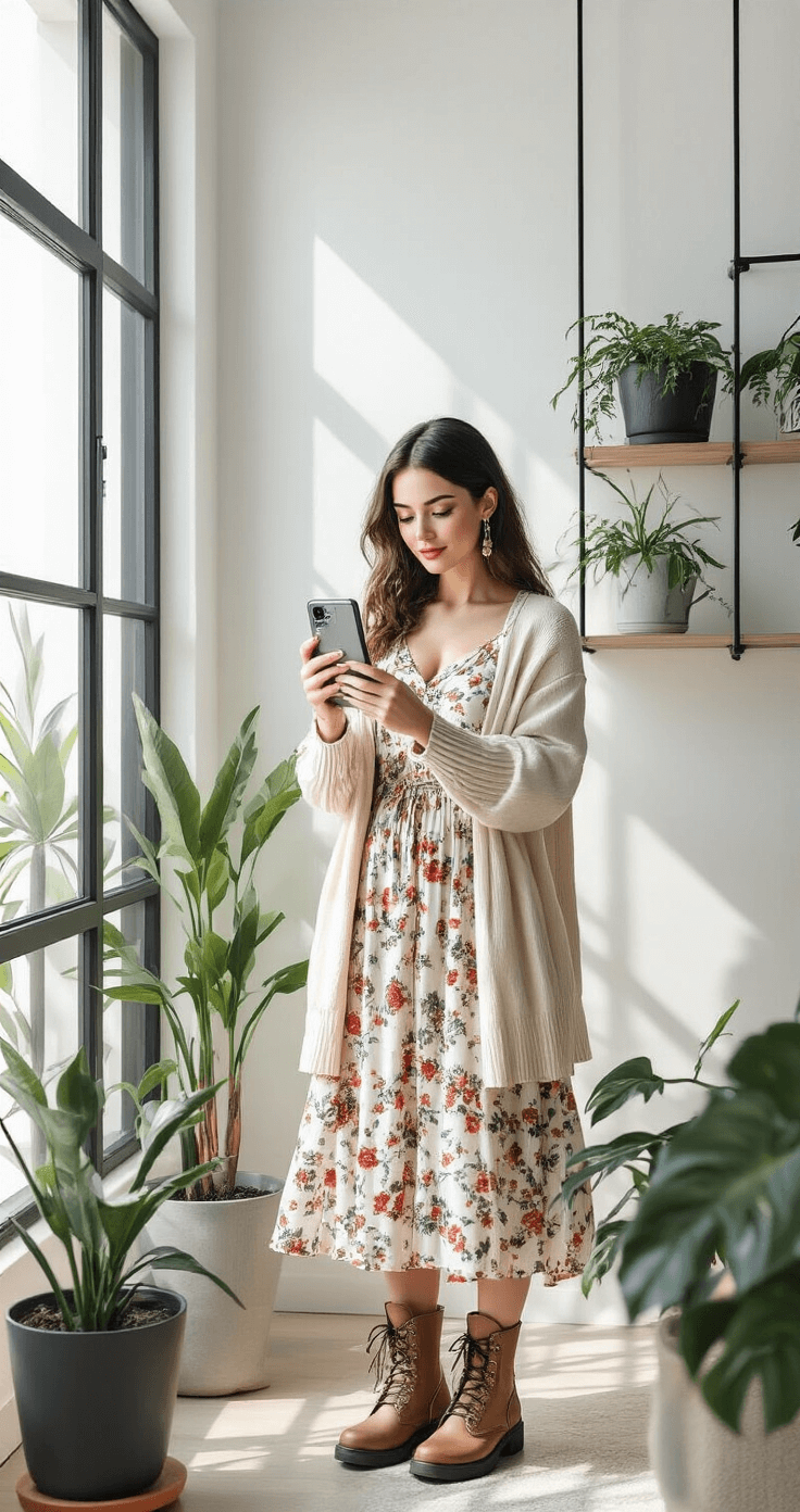 A fashionista in a floral midi dress and cream cardigan photographs her virtual wardrobe in a modern living room featuring industrial-chic elements, with white walls, black metal fixtures, and potted plants, as afternoon light casts dramatic shadows through geometric window frames.
