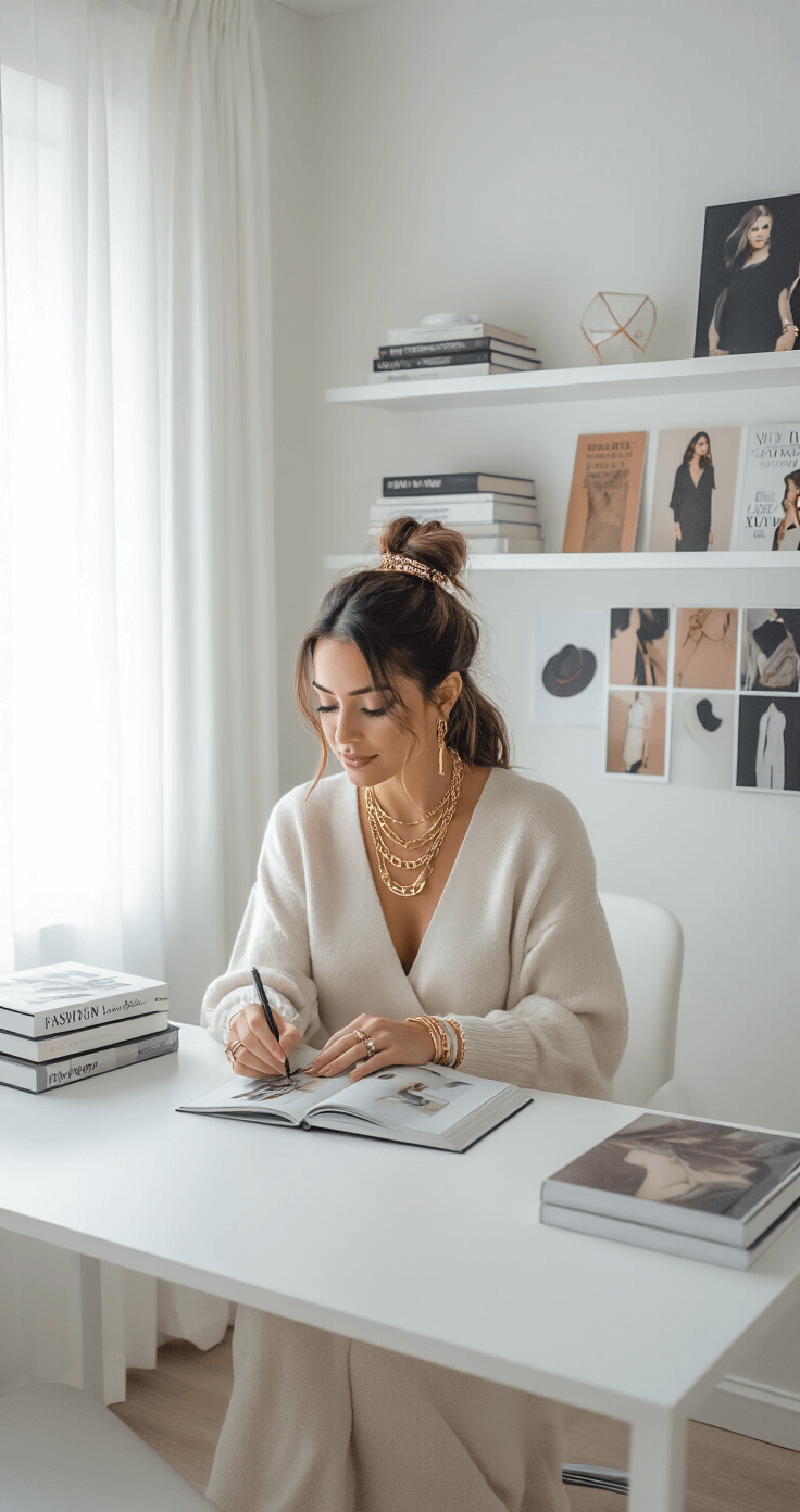 Minimalist home office with Scandinavian design featuring a fashion enthusiast filming an accessorizing tutorial. The space includes a white desk, floating shelves with fashion books, and a seasonal trend mood board. The woman wears a monochrome outfit with gold jewelry and hair accessories, illuminated by diffused natural light through white curtains.