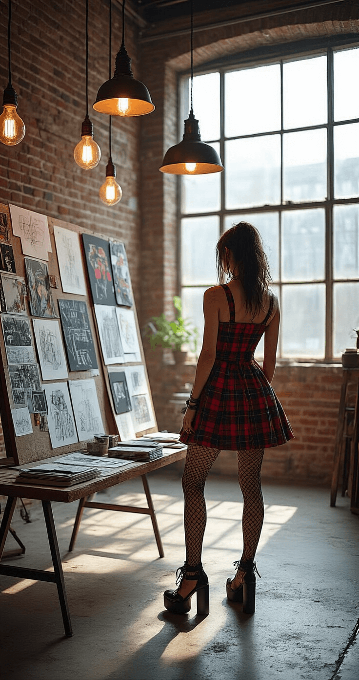 An artistic loft with exposed brick walls set up for a virtual runway preparation, featuring mood boards and digital sketches under industrial pendant lights. A model showcases punk-inspired fashion in a plaid mini dress, fishnet stockings, and platform Mary Janes, illuminated by late afternoon light streaming through factory-style windows.
