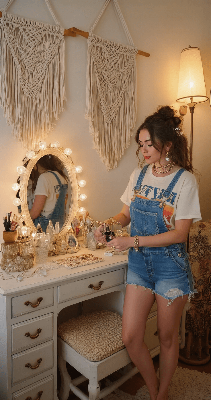 A bohemian-style bedroom corner featuring macramé wall hangings and a fashion expert arranging virtual outfit combinations. The space includes a vintage vanity mirror and a collection of crystals, all illuminated by warm lamp light, creating an intimate atmosphere. The expert is dressed in a layered summer camp aesthetic with a vintage graphic tee, denim overalls, and stacked accessories.