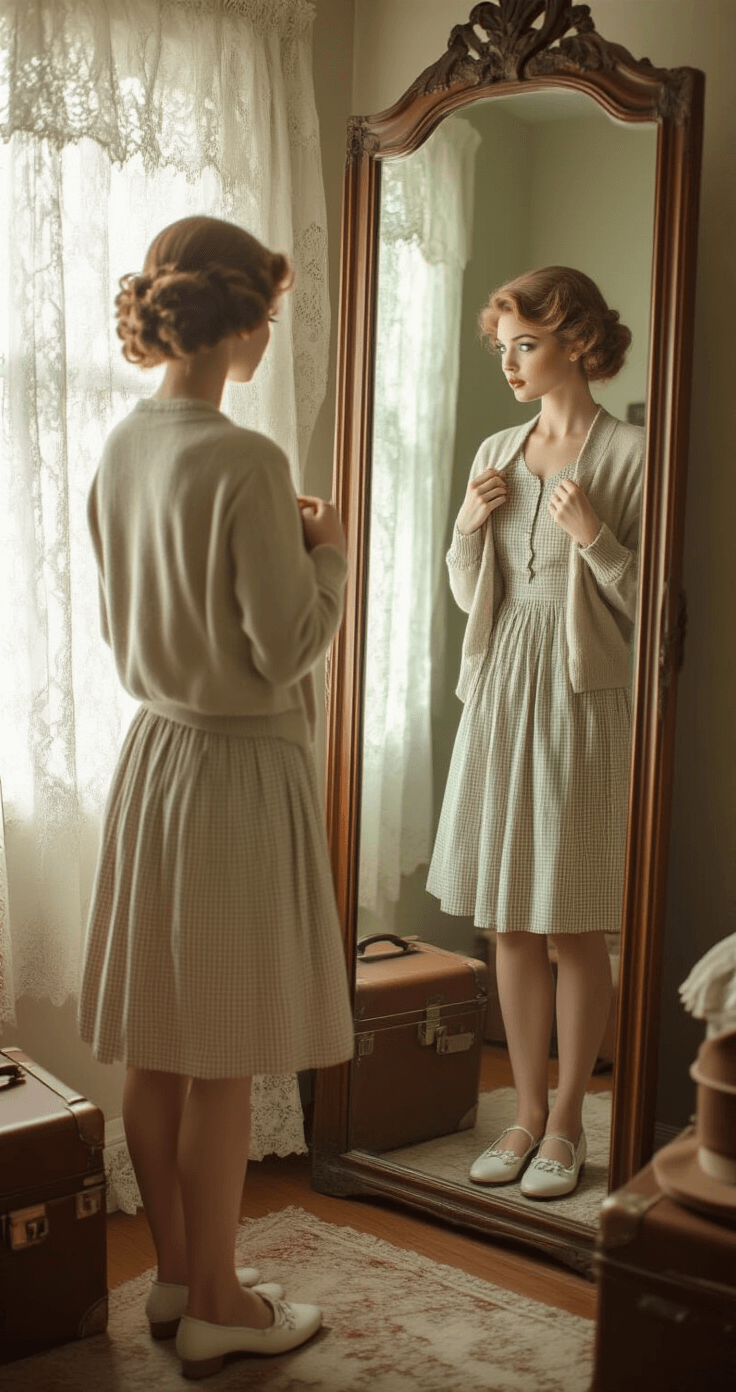 A vintage bedroom scene bathed in soft morning light, featuring a model in front of a full-length mirror adjusting a cardigan over a fitted gingham dress, with saddle shoes and victory curls visible in the reflection, surrounded by artfully arranged suitcases and hat boxes.