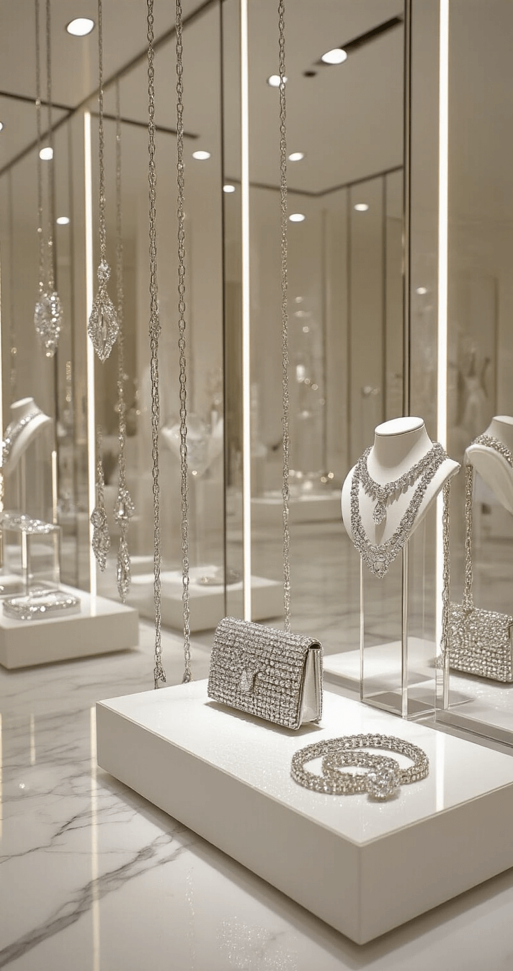 Contemporary boutique interior showcasing marble floors and mirrored walls, featuring crystal-embellished accessories on a minimalist white display, including cascading chain belts, statement necklaces, and a central bedazzled clutch.