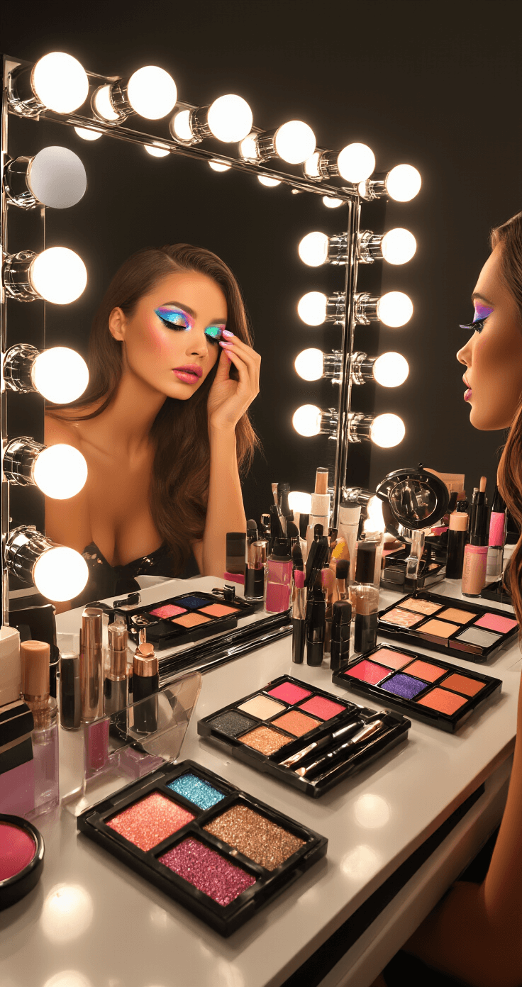 A backstage-inspired vanity scene featuring a model applying holographic eyeshadow in the mirror, surrounded by vibrant eyeshadow palettes, high-shine lip products, and styling tools, all arranged for visual impact with warm lighting and ring light reflections.