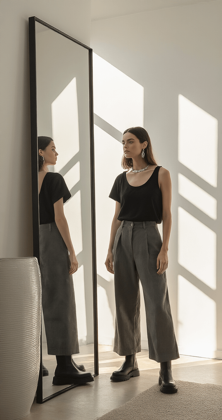 A minimalist apartment entryway bathed in morning sunlight, featuring geometric shadows. A person captures a mirror selfie in layered black and gray clothing, including an oversized tee under a structured tank, wide-leg trousers, and chunky boots, complemented by silver accessories. The image showcases clean lines and intentional composition, with natural light highlighting the textures and proportions.