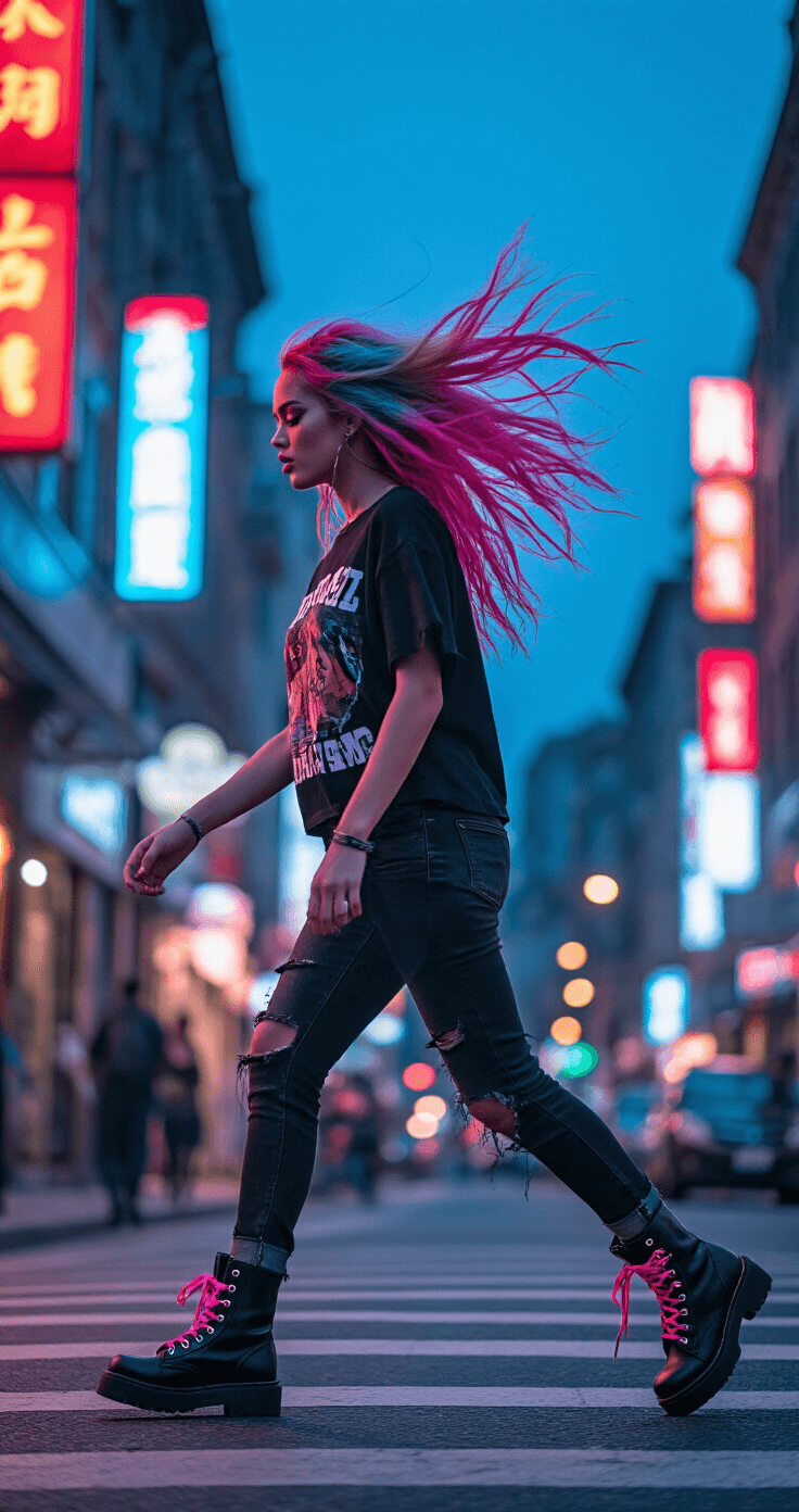 A dynamic street corner scene at blue hour featuring a model mid-stride, showcasing a vibrant multi-colored hairstyle with neon pink extensions. The model wears an oversized graphic tee over a mesh underlayer, distressed black skinny jeans, and combat boots with hot pink laces. The background is a blur of motion, illuminated by neon store signs.