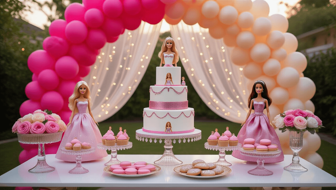A dreamy backyard birthday celebration featuring a pink ombré balloon arch, elegant dessert table with a 3-tiered cake and Barbie-inspired treats, twinkling fairy lights, and pink peonies, all bathed in warm golden-hour light.