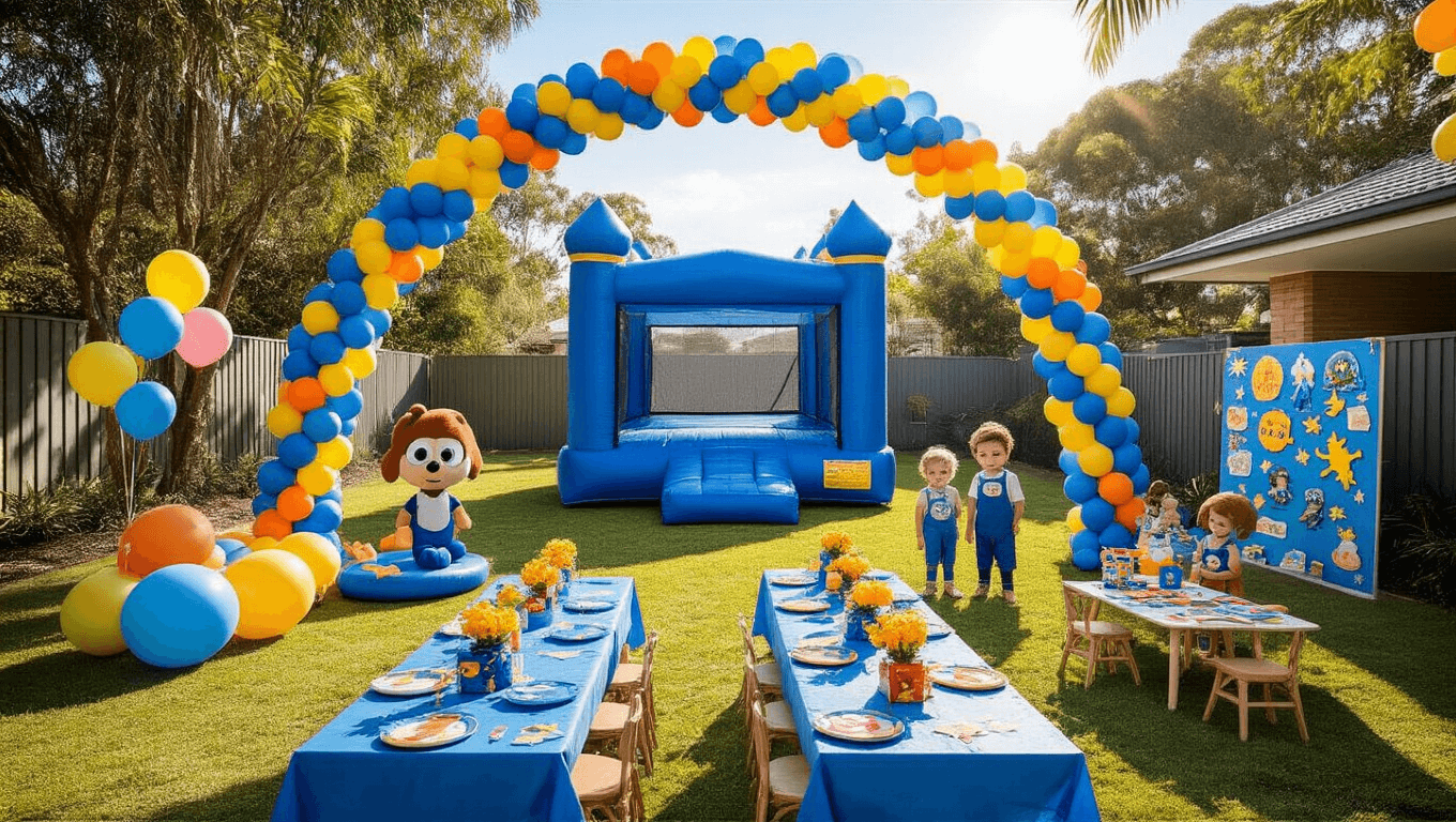 Photorealistic image of a vibrant Australian backyard birthday party scene featuring Bluey-themed decorations, a large blue bounce house, decorated tables, and various activity stations, bathed in golden hour light filtering through eucalyptus trees.