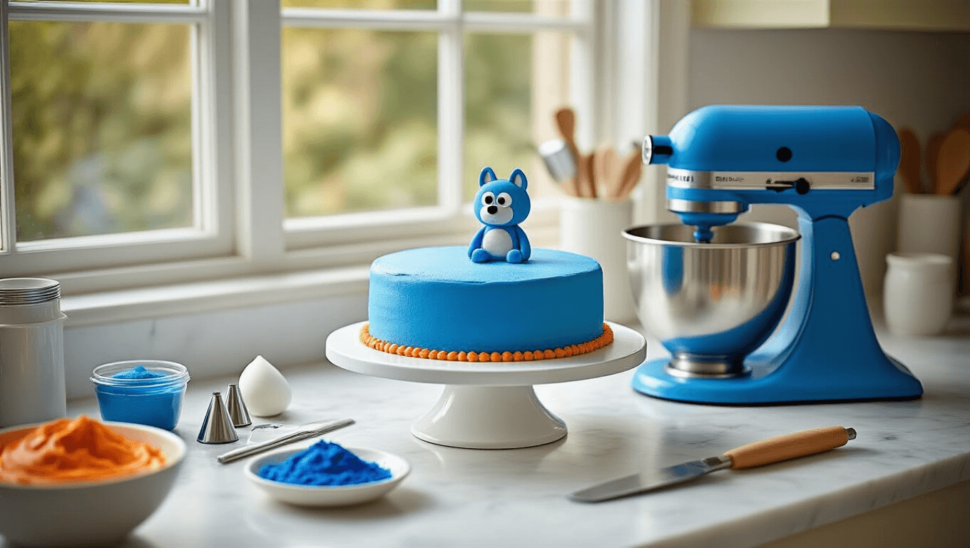 A photorealistic kitchen scene showcasing a vibrant blue round birthday cake on a rotating stand, surrounded by baking tools and ingredients, with soft natural light highlighting the texture of the cake and decorations.