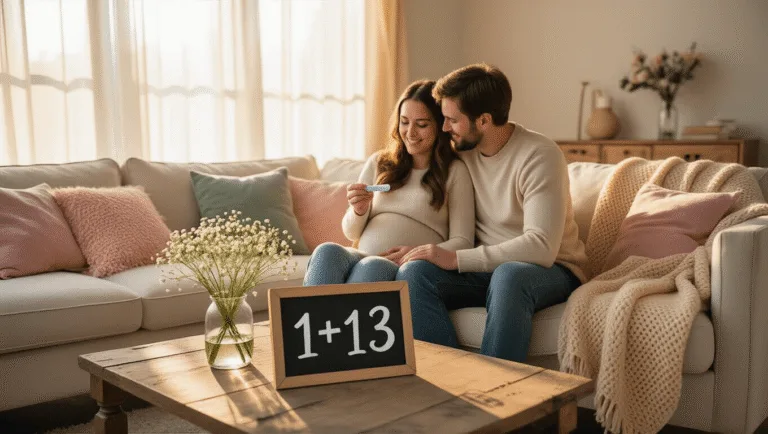 A young couple sits on a cream-colored sofa in a sunlit living room, the woman holding a positive pregnancy test. A chalkboard reads "1+1=3" on a wooden coffee table, surrounded by fresh flowers and soft pillows, creating a warm, intimate atmosphere.
