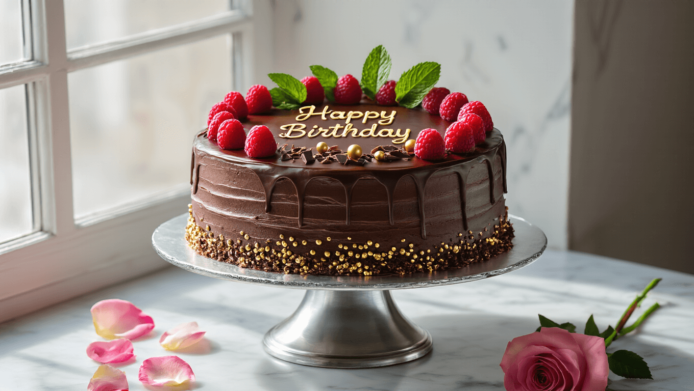 Elegant chocolate layer cake on a silver pedestal, adorned with fresh raspberries, chocolate shavings, and gold edible pearls, with a "Happy Birthday" message in gold calligraphy, set against a marble countertop with rose petals and chocolate curls, softly illuminated by natural light.