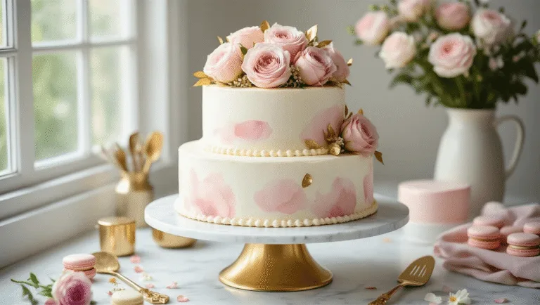 A three-tiered elegant birthday cake with white buttercream frosting and blush pink watercolor effects, adorned with fresh garden roses, gold leaf, and macarons, displayed on a gold rotating cake stand against a white marble backdrop, with soft natural lighting and artistic bakery props.