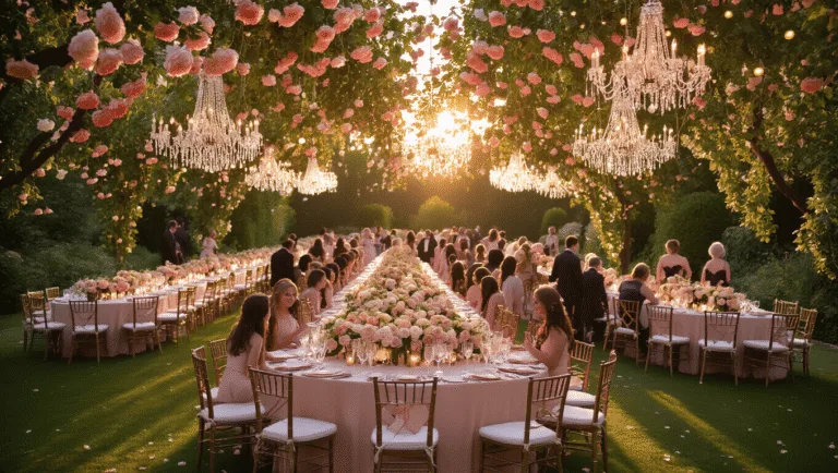 Cinematic overhead view of an elegant garden anniversary celebration at golden hour, featuring blush pink and cream banquet tables, crystal chandeliers, lush floral centerpieces, vintage champagne glasses, and guests mingling beneath a canopy of string lights.