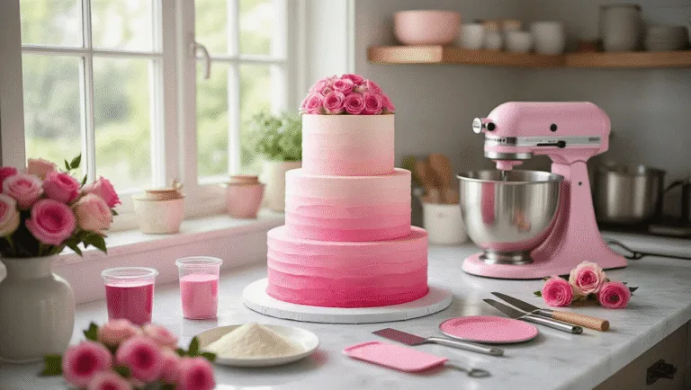 Ultra-detailed view of a professional bakery setup featuring a partially assembled 3-tier pink ombré wedding cake, surrounded by organized baking tools and ingredients, in soft natural light.