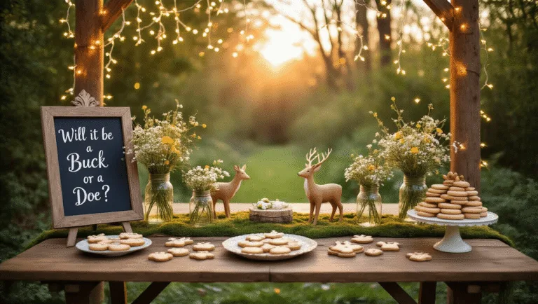 A whimsical gender reveal party setup in a lush garden, featuring a rustic wooden harvest table adorned with wildflower centerpieces in mason jars, twinkling fairy lights overhead, and a chalkboard sign reading "Will it be a buck or a doe?" The scene includes artisanal deer-shaped cookies, vintage lanterns, and soft dappled sunlight filtering through tree branches.