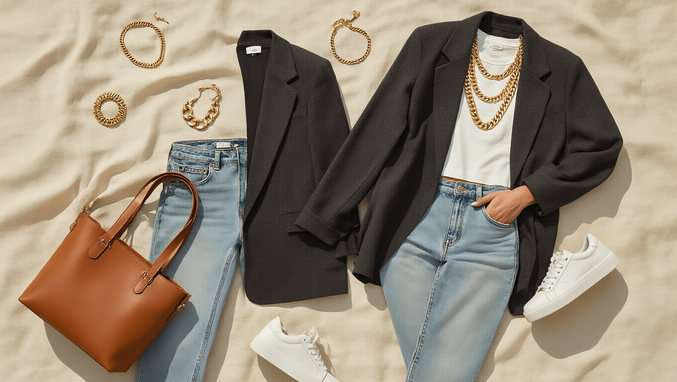 High-angle flatlay of an oversized charcoal blazer, white cropped tee, light wash straight-leg jeans, and white platform sneakers on a cream textured linen background, adorned with chunky gold jewelry and a cognac brown leather tote.
