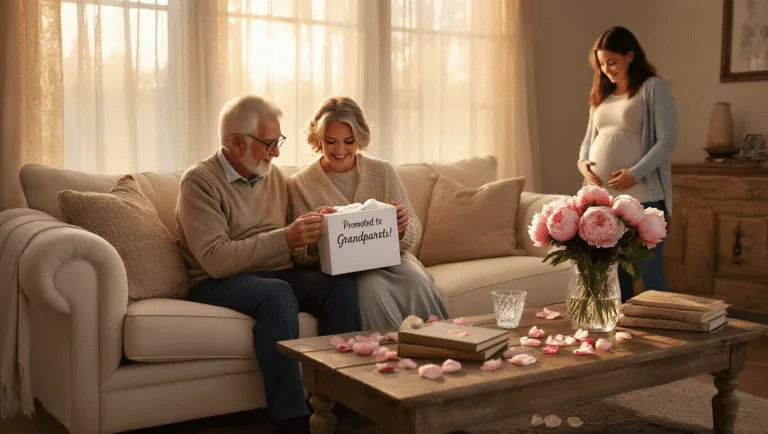 An elderly couple joyfully unwraps a gift box containing a tiny onesie that reads "Promoted to Grandparents!" in a cozy living room during golden hour, with a young expectant couple nearby, surrounded by soft sunlight and beautiful decor.
