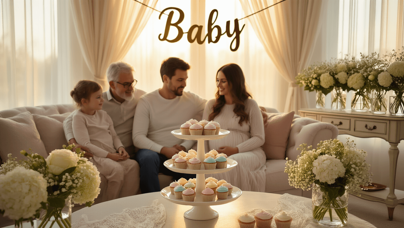 A sunlit living room during golden hour, featuring a young expecting couple on a cream sofa with family, surrounded by pastel-frosted cupcakes on an elegant cake stand, a "Baby" banner, and floral decorations, all captured in warm, intimate lighting.
