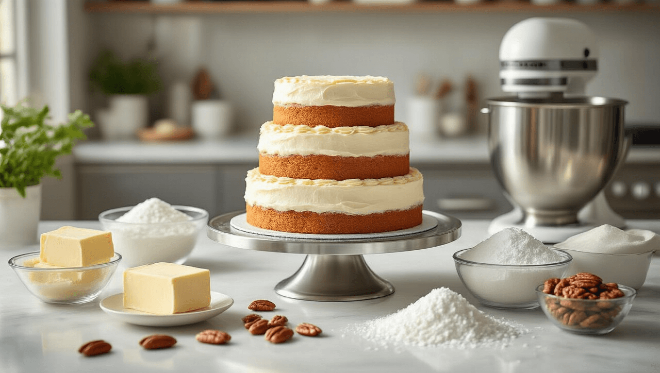 Photorealistic image of an Italian wedding cake assembly in a sunlit professional kitchen, featuring a three-tiered cake with cream cheese frosting on a silver stand, surrounded by fresh ingredients like softened cream cheese, powdered sugar, pecans, and coconut shavings, with a KitchenAid mixer blurred in the background.