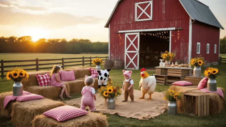 A rustic outdoor barnyard birthday party at golden hour, featuring a weathered red barn, hay bale seating with gingham cushions, mason jar centerpieces, children in farm animal costumes, a barn-shaped cake, and a photo booth area with cartoon animal cutouts.