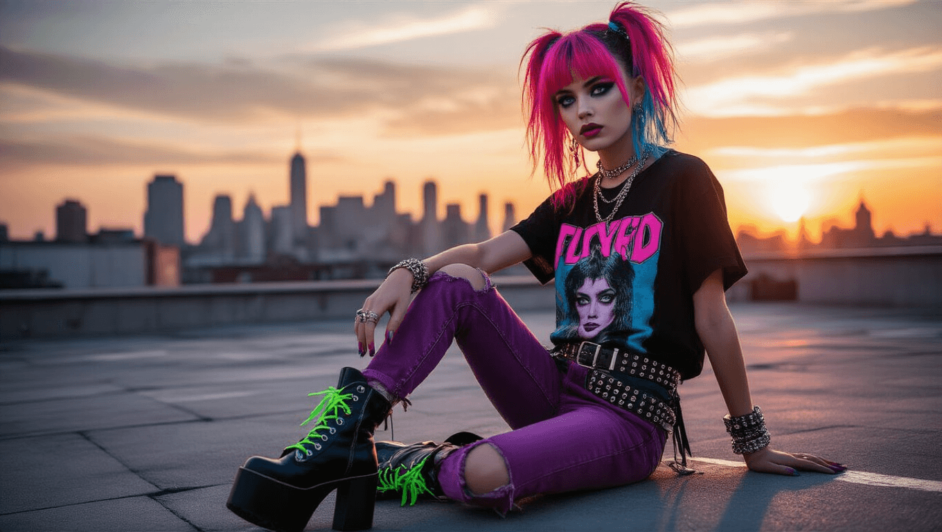 A scene kid model with neon pink and blue hair poses on an urban rooftop at sunset, wearing a bold graphic tee, ripped purple skinny jeans, and platform boots with neon laces, complemented by studded accessories and dramatic eye makeup, set against a warm city skyline.