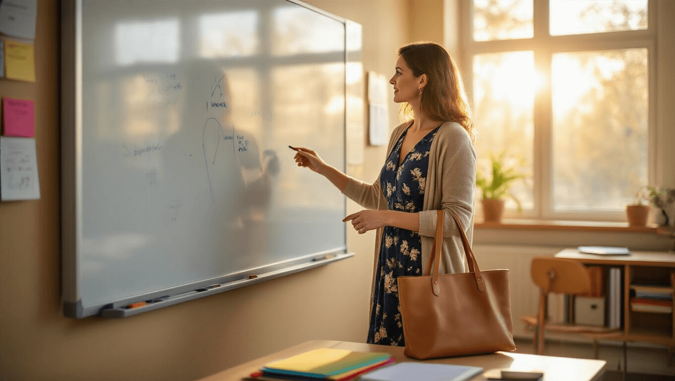 A confident female teacher in a navy floral midi dress and oatmeal cardigan stands by an interactive whiteboard in a sunlit modern classroom, illuminated by warm golden hour light.