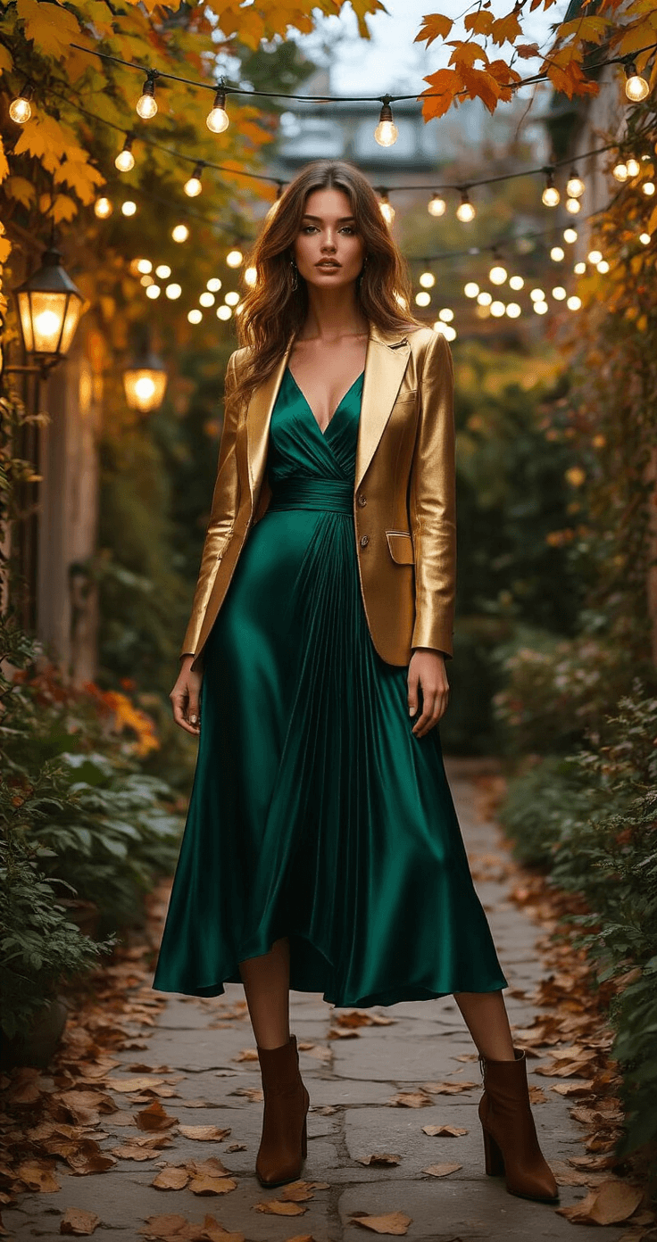 A model in a midi-length emerald green satin dress and a fitted gold metallic blazer poses on an outdoor garden terrace at dusk, with twinkling string lights and fallen autumn leaves. Her hair is styled in loose waves, and she wears deep brown suede block-heel ankle boots, captured from a low angle with natural lighting.