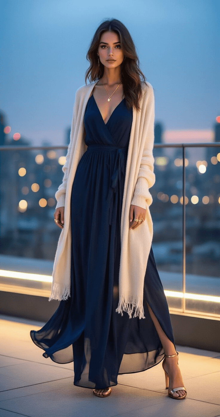 A model in a navy chiffon maxi dress and cream cashmere wrap poses on an urban rooftop at blue hour, with city lights in the background and a glass balustrade. The dress flows in the wind, revealing bronze metallic heels, complemented by minimal gold jewelry.