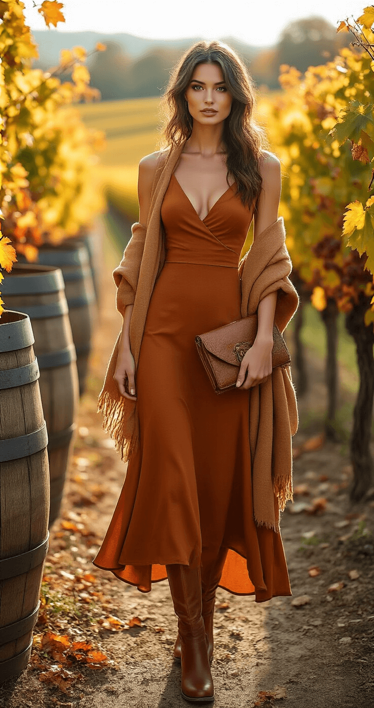 A model in a rust-colored tea-length dress stands in a rustic vineyard during late afternoon, surrounded by autumn grapevines and weathered barrels, wearing cognac leather boots and a camel-colored wool wrap, with a vintage clutch in hand, all illuminated by warm backlighting that enhances the fall colors and creates a dreamy bokeh effect.