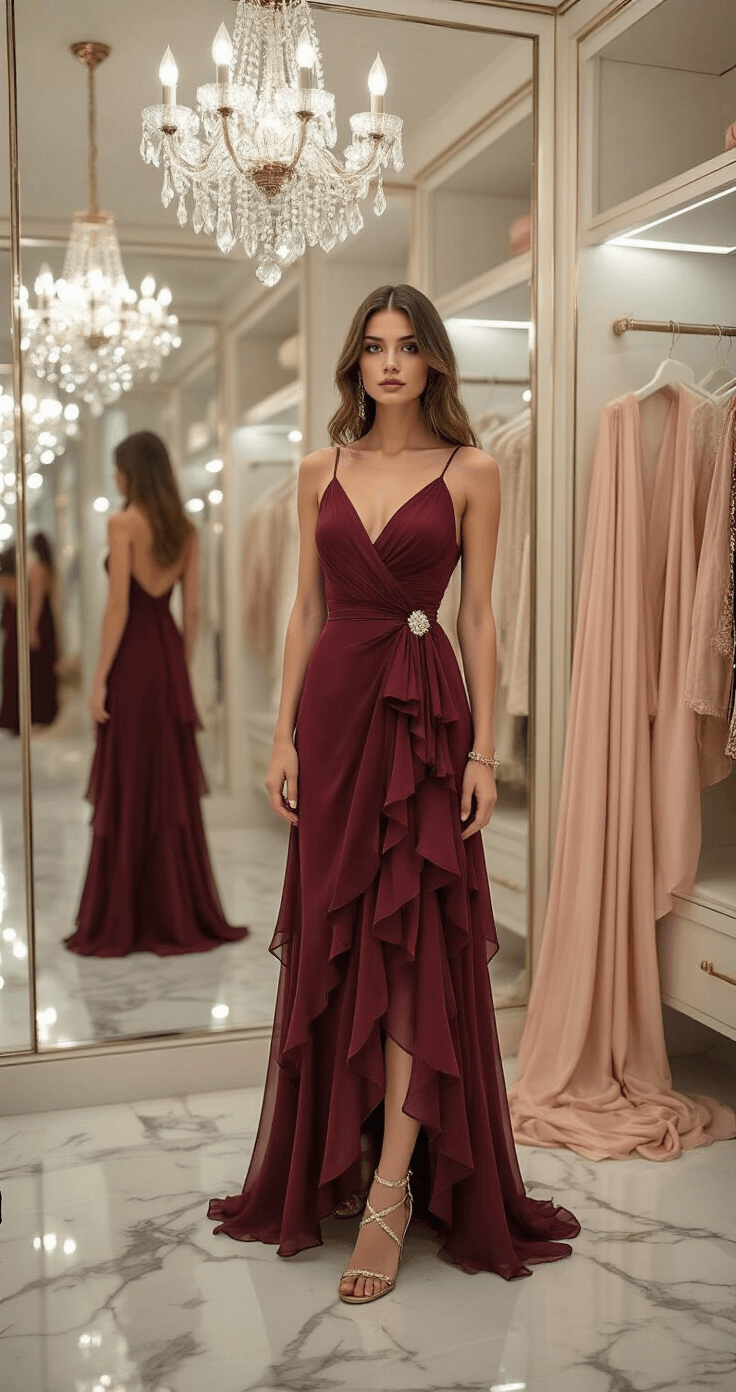 A luxurious boutique dressing room featuring marble floors and mirrored walls, displaying a burgundy chiffon wrap dress with cascading ruffles, under sparkling crystal chandeliers. The scene includes gold strappy sandals, a vintage brooch, and a blush pink silk shawl, all highlighted by soft, diffused lighting that emphasizes elegant fabric movement.